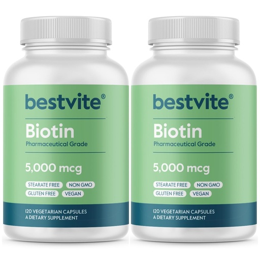 [BRSWYZ34CEIA2GT6] BESTVITE Biotin 5000mcg (240 Vegetarian Capsules) (120 x 2) - No Stearates - No Flow Agents - Vegan - Non GMO - Gluten Free - Hair, Skin, Nails