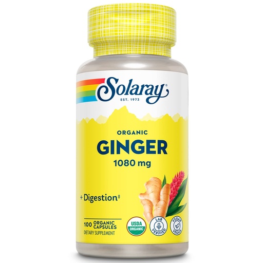 [BRSWIYTYCUPRA2IZ] SOLARAY Organic Ginger 1080 mg - Organic Ginger Supplements - Relieves Nausea and Vomiting Associated with Motion Sickness, Supports Joint Health - Vegan, Non Drowsy, 60-Day Guarantee, 50 Servings