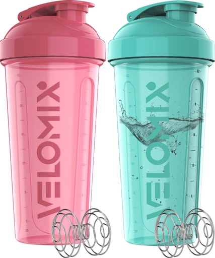 [BRSRA2YEOAPBYFD6] VELOMIX -2 Pack- 28 oz Protein Shaker Bottles for Protein Mixes - 2x Wire Whisk | Leak Proof Shaker Cups for Protein Shakes | Protein Shaker Bottle Pack (Pink/Turquise)