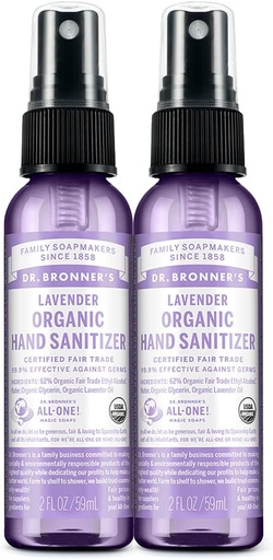 [BRSWIGYCC4HG223K] Dr Bronner's - Spray d'assainissement des mains biologique (Lavande, 2 Once, 2-Pack) - Formule simple et efficace, nettoie et sanitise, sans produits chimiques dangereux, hydrate et nettoie les mains