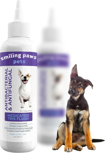 [BRSWYYIBDMHGAD3O] Smiling Paws Pets Medicated Tris Flush Dog Ear Cleaner Solution and Infection Treatment for Dogs and Cats Ear Flush for Dogs Ear Cleaner for Dogs & Cats - Cat & Dog Ear Wash Contains Ketoconazole 12oz