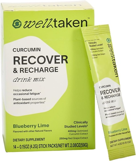 [BRSROZY3B4IQKDY3] Turmeric Curcumin Recover Poudre - Blueberry Lime, 14ct Box - 400mg Curcumine optimisé, grenade, raisin rouge - aide à réduire la fatigue occasionnelle – végétalien, 14 portions