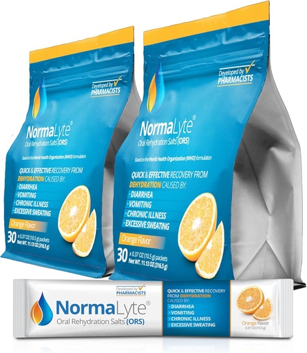 [BRSW2FAPAB7W2CTB] NormaLyte Oral Rehydration Salts-2 Pouches - 60 Sticks (Yields 500mL per Pack)-Orange| Energy Supplements, Potassium Supplement, Dehydration Recovery and Quick Absorption