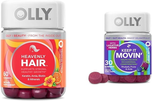 [BRSRAYYYBYGWMCTD] OLLY Hair Gummies with Keratin & Biotin and Constipation Relief Gummies with Rhubarb & Prunes - 60 + 30 Count