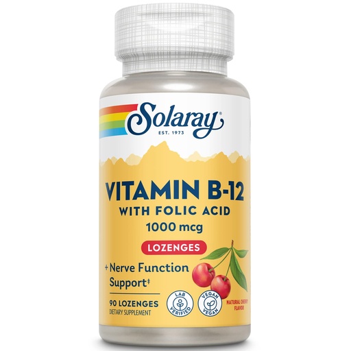 [BRSWIYT3OMAGI2DC] SOLARAY Vitamin B-12 1000mcg Lozenges with Folic Acid | Natural Cherry Flavor | Healthy Energy Support | 90CT