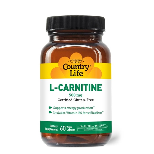 [BRSWIY3YOQJQC23I] Country Life L-Carnitine 500mg – 60 Vegan Capsules | Supports Energy Production & Fat Metabolism | Includes Vitamin B6 for Utilization | Gluten-Free, Certified Vegan Amino Acid Supplement