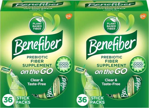 [BRSWYGL2OUPGE23B] Benefiber On The Go Prebiotic Fiber Supplement Powder for Digestive Health, Daily Powder, Unflavored Stick Packs - 36 Sticks (Pack of 2)