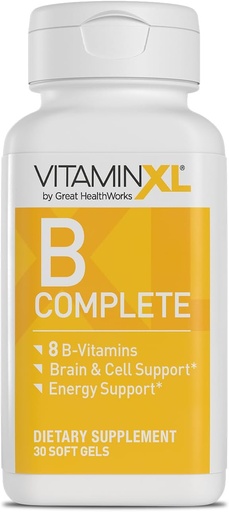 [BRSROZIQCN6AM2TH] VitaminXL B Complete is a Full Spectrum B Complex Made with B1, B5, B6, B12, Biotin, Niacin, Riboflavin, and Folate, Also with Choline and inositol (30 Soft Gels, 30 Servings)
