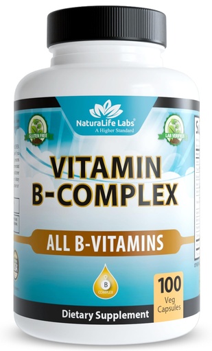 [BRSW2H36CEIWC2YY] NaturaLife Labs Vitamin B-Complex with Vitamin C – Includes Active B2 (Riboflavin-5-Phosphate), B6 (Pyridoxal-5-Phosphate), B9 (5-MTHF) and B12 (Methylcobalamin); plus B1, B3, B5 and B7 – 100 Capsules