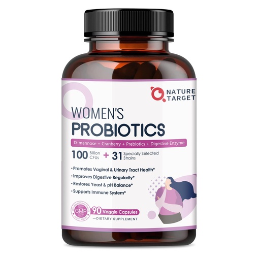 [BRSW2BINAV6QEHTG] NATURE TARGET Probiotics for Women, 100 Billion CFUs Probiotic with Digestive Enzymes & Prebiotics, Vaginal Probiotics with Cranberry for Urinary Tract Health, pH Balance, 90 Veggie Capsules