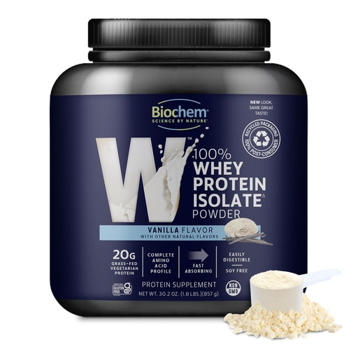 [BRSWIY36BQGQA2L4] Biochem Whey Protein Isolate Powder - Vanilla Flavor, 20 Grams per Serving, Sourced from Grass Fed Cows, Non-GMO, Vegetarian, Supports Muscle Mass & Performance