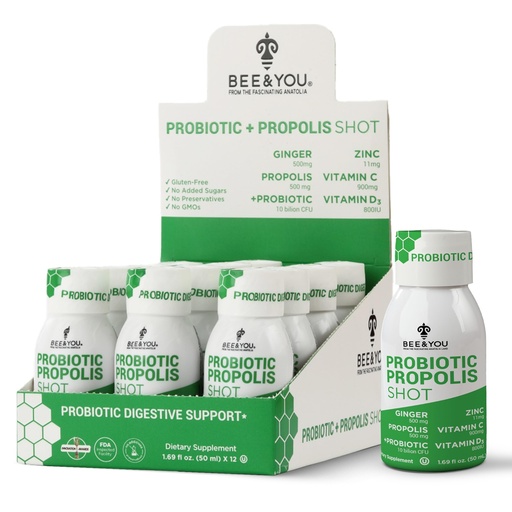 [BRSRAZIYCMDQK3LP] Bee and You Propolis Immune Shot, Probiotic, Vitamin C, Vitamin D3, Zinc, Ginger, Immune Support, Gut Health, Digestive Health, Bioactive 1.69 Fl. oz, 12 Pack