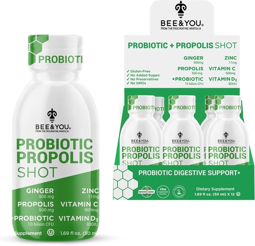 [BRSRAZIYCMDQK3LP] Bee and You Propolis Immune Shot, Probiotic, Vitamin C, Vitamin D3, Zink, Ginger, Immune Support, Gut Health, Digestive Health, Bioactive 1.69 Fl. oz, 12 Pack