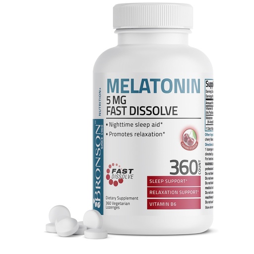 [BRSWYC3YDMOQ4GY2] Bronson Melatonin 5mg Fast Dissolve Cherry Flavor Tablets with Vitamin B6 - Nighttime Sleep Aid - Promotes Relaxation, 360 Vegetarian Chewable Lozenges