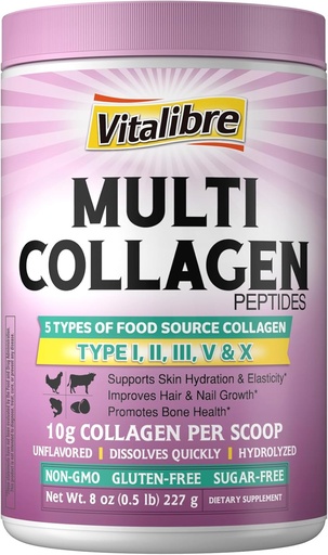 [BRSRAFIRDIBBEE3B] Multi Collagen Peptides Powder Tipo I II III V X, Hidrolyzed Collagen Protein for Women and Men, Skin, Hair, Nails, Unflavored, Non-GMO, Keto & GF, Zero Sugar, 22 Servings, 8oz