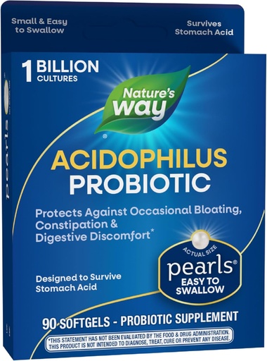 [BRSWIYQLCJYRKDL4] Nature's Way Acidophilus Probiotic Pearls, Supports Digestive Balance & Gut Health, Reduce Occasional Constipation and Bloating*, 1 Billion Cultures, 90 Softgels