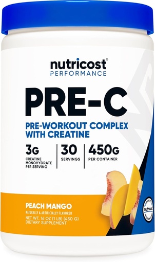 [BRSROHD2DNYRQFLP] Nutricost Pre-C Pre-Workout Kompleks witht Tinaine (Peach Mango | 30 Hizmet) Toz - Fintess Routines, 450g