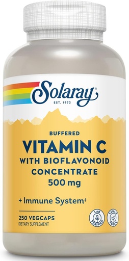 [BRSWIYQIOUMQM23Y] SOLARAY Buffered Vitamin C 500mg - with Bioflavonoids, Rose HIPS and Acerola Cherry - Immune Support Supplement - Easy to Digest, Vegan, Lab Verified, 60-Day Guarantee - 250 Servings, 250 VegCaps