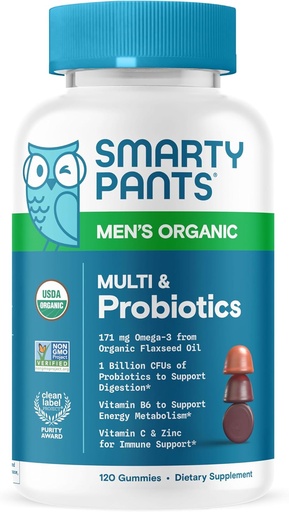 [BRSWG2YQBAJWKGTB] SmartyPants Multivitamin for Men, Organic Gummies: Probiotics, CoQ10, Methylfolate, Omega 3 (ALA), Vitamin D3, C, Vitamin B12, B6, A, K & Zinc for Immune Support, Biotin, 120 Gummies (30 Day Supply)