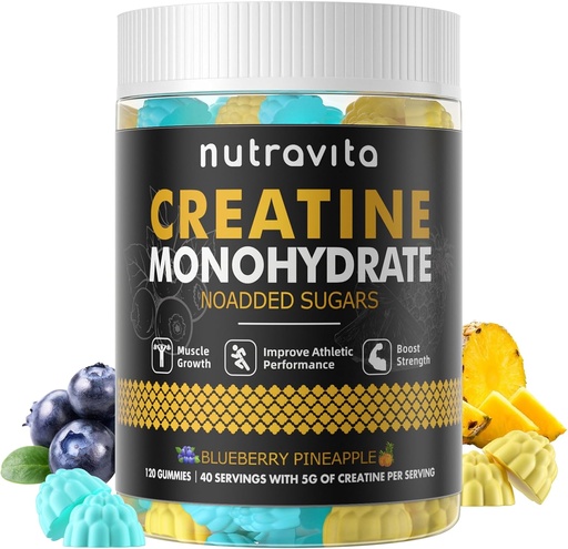 [BRSROCQEC4HRSCLD] Nutravita Creatine Monohydrate Gummies for Men & Women-5g of Creatine Monohydrate per Service - Sugar Free,Vegan, Blueberry Pineapple Flavor, 120 Count