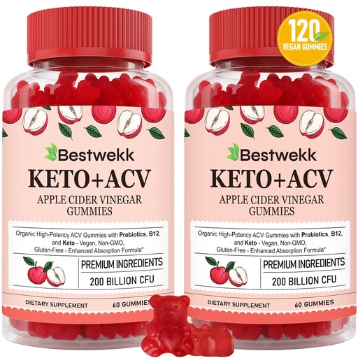 [BRSROAABB4CBE2DV] Apple Cider Vinegar Gummies, Max Strength 2000mg ACV Gummy with Probiotics, B12 and Keto Support, For Digestion, Metabolism, Detox, Gut & Immune Health, Gelatin-Free, Non-GMO, 120 keto acv gummies