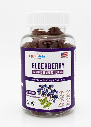 [BRSRMYL7AAIBSF3V] Elderberry Gummies 100 mg su vitaminu C ir cinku - imuninė parama, Gluten Free Gummies su 7% Antoycianin - 60 Skaičiavimas