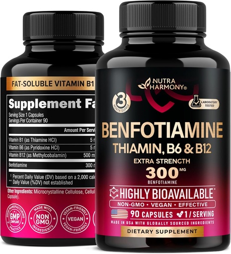 [BRSRAZQYB54BSC34] Benfotiamine 300 mg - Nerve Support, Energy & Metabolism Support - Benfotiamine Supplement Fat-Soluble Vitamin B1 - Highly Bioavailable & Absorbable - with Thiamin, Vitamin B12 & B6 - 90 Capsules