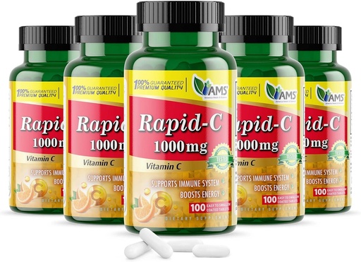 [BRSRMFQZPJ7BQA33] America Medic & Science Rapid-C 1000mg Vitamin C Supplement (5 Pack of 100 Tablets) Energy Booster, Daily Immune System Support, Antioxidant | Vegan, Non-GMO Coated Ascorbic Acid for Adult Men & Women