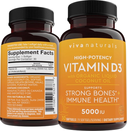 [BRSRAZIECMNB4CYU] D3 Vitamin 5000 IU Softgels (125 mcg), 30 Softgels - High Potency Vitamin D Supplements for Healthy Immune Function, Bones & Muscles - Made with Organic Liquid Coconut Oil