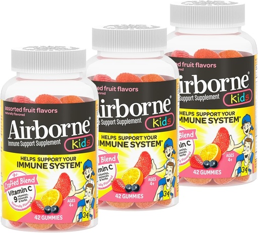 [BRSWKGYIBIBR6HL4] Airborne 500mg Vitamin C + Zinc Immune Support Supplement Gummies for Kids, Assorted Fruit Flavor, Gluten Free Crafted Blend with Powerful Antioxidants Vitamins C & E, 42 Gummies (3 Pack)