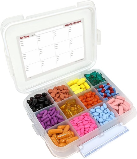 [BRSRMAQKDIBB4E3D] 12 Compartment Large Pill Case with Airtight Seal - Silicone Gasket Waterproof Med Box with Medication Map (12 Compartment, 1 Pack)
