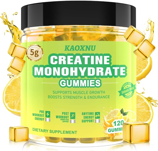 [BRSRAELRO4BRYA3J] Kreatin Monohydrat Gummies 5600mg for menn og kvinner, 120 CT Chewable Kreatin Gummies for muskel støtte, energiøkning, 5,6g Kreatin Monohydrat per servering - Sukkerfri, Vegan (Lemon Flavor)