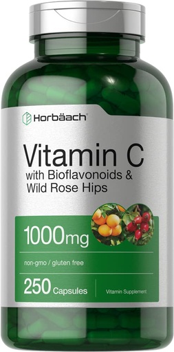 [BRSWYEADPN5AYCL4] Horbäach Vitamin C 1000mg | 250 Capsules | with Bioflavonoids and Rose Hips | Non-GMO, Gluten Free Supplement | High Strength Formula