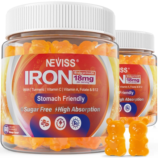 [BRSRAFICCR4GYHT3] Vegan Iron Gummies Supplement with Vitamin C, B12, Folate & Turmeric - Energy & Immune Health | Gummy Iron Bisglycinate 18mg Gentle & Non-Constipating - Women & Men, 2 Pack