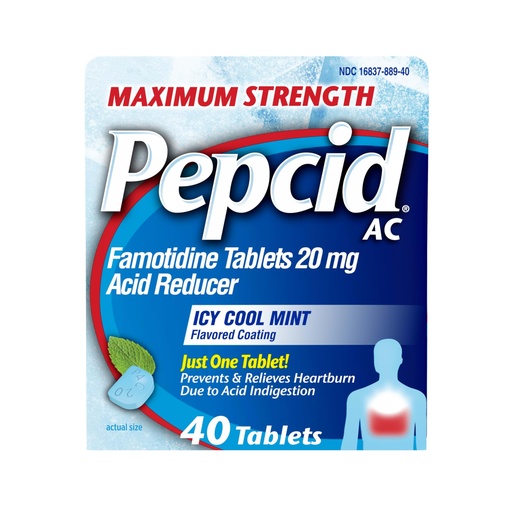 [BRSROBDRO4HQKYDF] Pepcid AC Maximum Strength Heartburn Relief Tablets, OTC Medicine Prevents & Relieves Heartburn & Acid Reflux Due to Acid Indigestion, 20mg Famotidine Acid Reducer, ICY Cool Mint, 40 ct