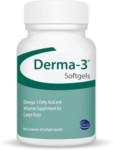 [BRSWGEDYPJ7GCEI4] Ceva Derma-3 Softgels, Omega-3 Fatty Acid & Vitamin Supplement for Large Dogs (60 Count)