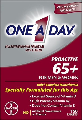 [BRSWIBDROYHAYCTC] יום Proactive 65+, Mens & Womens Multivitamin, תוספת עם ויטמין A, C, D ו- Zinc כדי לתמוך בריאות העצם ו- Cell Health, Calcium, Folic Acid, Tablet 150 Count