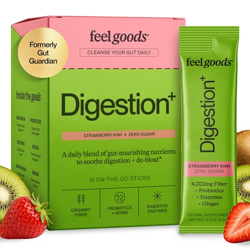 [BRSRMCQECUMWEFD4] Feel Goods Digestion+, Gut Health, Organic Fiber & Probiotic Drink Mix, Digestive Enzymes for Bloating Relief, Gut Cleanse - Gut Guardian Fiber with Prebiotics - Zero Sugar, 15 Count