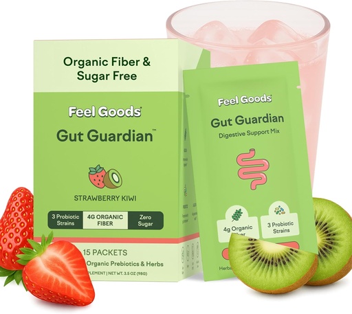 [BRSRMCQECUMWEFD4] Goods Gut Guardian, Organik Fiber, Probiyotik & Prebiyotik Toz, Sugar Free, Herbs for Bloat, Gut Health Support, Digestive Health for Men & Women, Non GMO, Vegan, Strawberry Kiwi, 15 Count