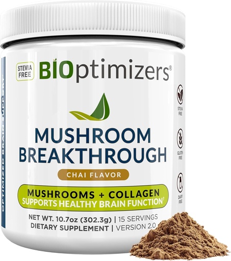 [BRSROBQ5CUFREEQY] BIOptimizers Coffee Alternative de champignons – Chai Drink – Lions Mane, Chaga, Reishi + Collagen Peptides pour Focus, Energy & Gut Health – Champignons adaptogènes et poudre MCT – 15 portions