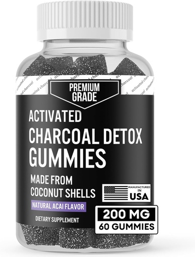 [BRSROZYZDMIB6EL3] Premium Grade Activated Charcoal Gummies - Coconut Charcoal Supplements for Detox Support, Oral Health, Stomach & Digestion - Safe for Kids - No Bloat Vegan Gummy - Natural Acai Flavor (60 Count)