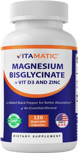 [BRSROGL2DMPAI237] Vitamatic Magnesium (from Bisglycinate & Oxide) with Vitamin D3 & Zinc - 120 Veg Capsules - Supports Muscle, Joint, Nerve & Heart Health – Non-GMO, Gluten-Free