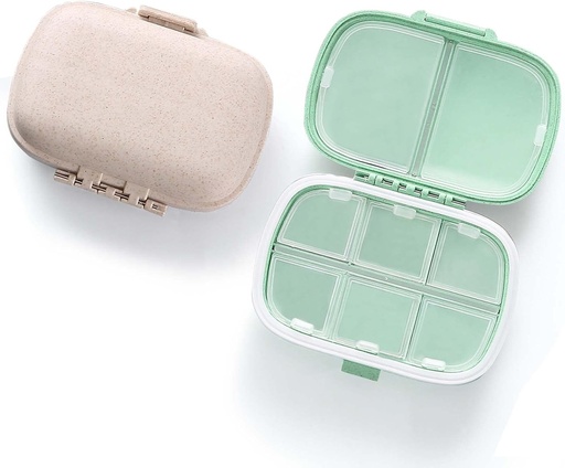 [BRSRMZYNCMBWYF3A] MEACÓLIA 2 Pack 8 Compartimentos Travel Pill Organizer Box Moisture Proof Small Pill Case for Pocket Purse Daily Pill Holder Container for Medicine Vitamina (Cyan & Khaki)