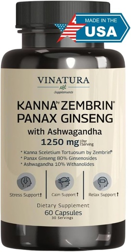 [BRSROZABOEHWEYA2] VINATURA Kanna Zembrin Sceletium Tortuosum - 50mg Kanna/Serving, with Ashwagandha, Ginseng *Brain Health, Stress Relief Support* Panax Ginseng 80% Ginsenosides Ashwagandha Capsules 10% Withanolides