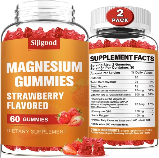 [BRSROEDROIFQAALA] 2 Pack Wysoka absorpcja Gummies glicynian magnezu, Gummeje magnezu dla kobiet, mężczyzn i dzieci, Promotes Healthy Relaxation, zzZ, Mięśnie, Kości i Energii