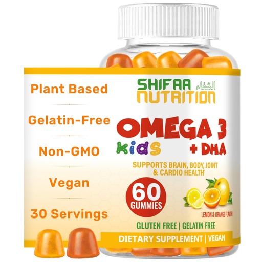[BRSWGGAOABYQAFL4] SHIFAA NUTRITION Halal Omega 3 for Kids with DHA Gummies for Brain Development, Heart & Immune Support, Plant-Based, Non-GMO, Algae-Based DHA, Gluten & Gelatin-Free Kids Omega 3 Gummies, 30 Servings