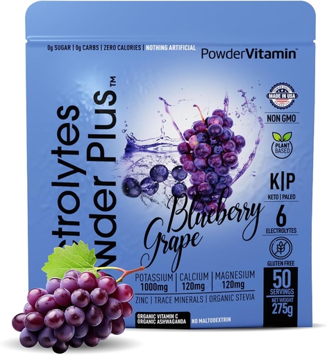[BRSRAZT4OAIQA3Y6] Electrolytes Powder Plus (50 Servings), 0 Calorie Keto, 0 Sugar, No Maltodextrin,1000mg Potassium,120mg Calcium,120mg Magnesium, Hydration Powder (50 Servings, Blueberry Grape)