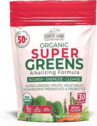 [BRSROAAFAQNBY2TL] Country Farms Super Greens Berry Flavor, 50 Organic Super Foods, USDA Organic Drink Mix (Wheat Grass, Spirulina, Clorella) Mushrooms &amp; Probiotics, with Fiber, Gut Health, Natural Energy, 30 Servings