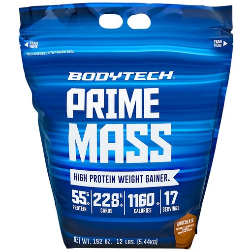 [BRSWKHDYCEIRY2L2] BodyTech Prime Mass - High-Calorie Mass Gainer - Supports Muscle Growth & Weight Gain - Chocolate (12 lb, 17 Servings)