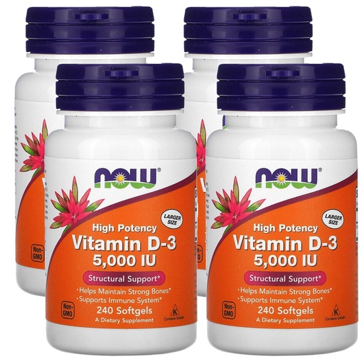 [BRSWKZIPPIHRWH3C] Now Foods Now Supplements, Vitamin D-3 5,000 IU, High Potency, Structural Support*, 240 Softgels (4 Pack)